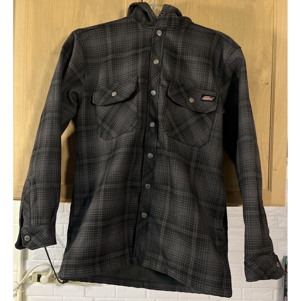 Dickies Hooded Jacket Mens S 34-36 Black Gray Plaid Fleece Lined Twill Snap‎ Up